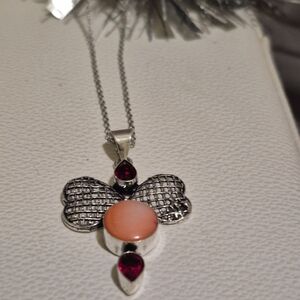 Elegant Silver and Pink Mother Of Pearl Stone Pendant Necklace 18"